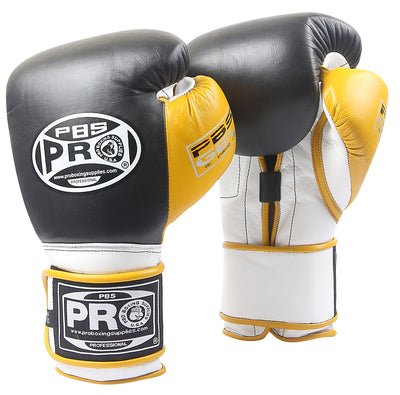 Pro Boxing® Series Gel Hook and Loop Gloves - Black/White with Yellow Thumb