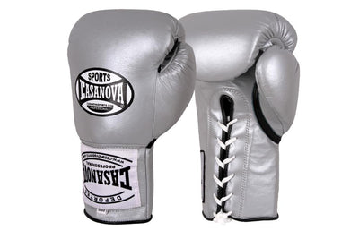 Casanova Boxing® Professional Lace Up Official Fight Gloves - Silver